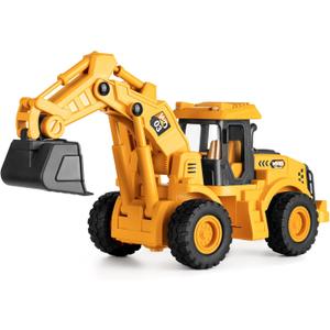 11" Excavator Toy, 1: 18 Scale, Rolling Wheels Inertia-Powered, HeavyDuty Plastic, with Lights & Rumbling Action, Working Boom & Bucket, Indoor/Outdoor Sandbox Vehicle for Ages3+ - Easter Gifts