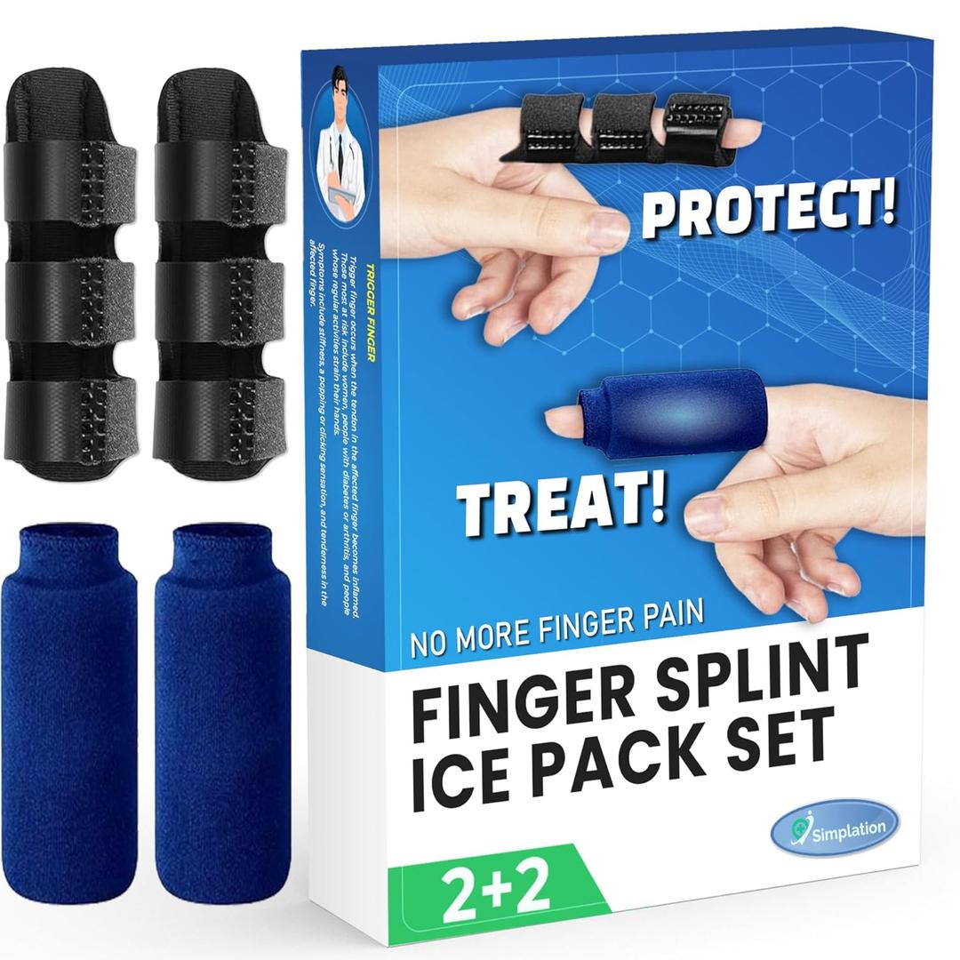 Simplation Trigger Finger Splint and Ice Pack (2+2 Set) for Pain Relief, Knuckle Immobilization, Straightening Arthritis, Injured Mallet Finger, Fits Index, Middle, Thumb, Ring Finger