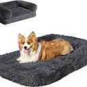 EHEYCIGA Foldable XL Dog Bed, Faux Fur Fluffy Pet Couch Bed for Large Dogs, Orthopedic Calming Memory Foam Big Pet Bed, Washable Soft Pet Sofa Bed with Non-Slip Bottom, Dark Grey, 46"x34"x6.5"