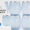 PLASTICPRO 12 Pack Blue With Gold Rim Plastic Glasses Stemless Disposable 12 oz BPA Free Shatterproof Plastic Cups Glasses for Parties
