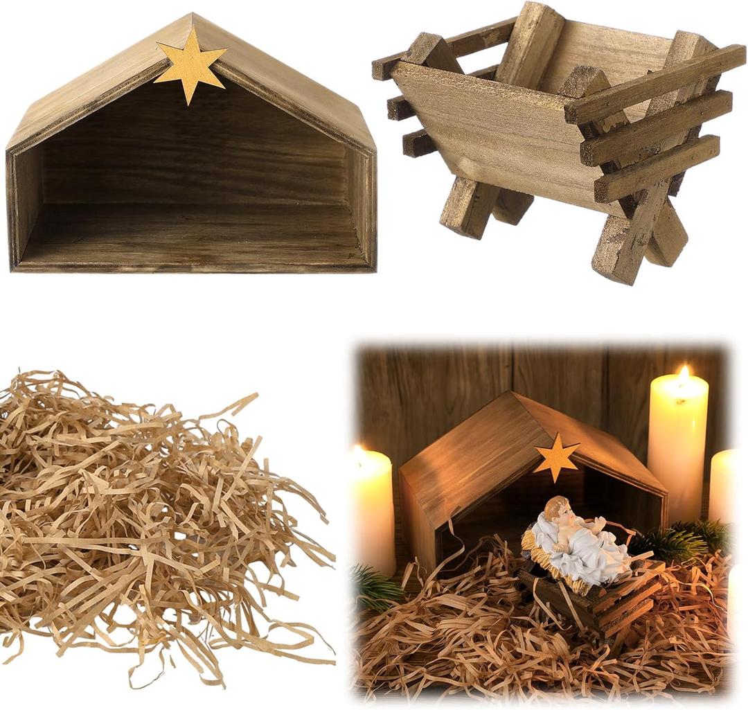 Wooden Jesus Manger Scenes Christmas Nativity Stable with Raphia Grass Christmas Decoration Mini Manger Holy Family Nativity Scene Xmas Home Table Desk Decor
