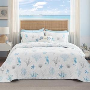 Bedsure Coastal Quilt Set Queen - Reversible Summer Beach Quilt Bedding Set, 3 Pieces Microfiber Lightweight Bedspread, Blue & White Coverlet with 2 Pillow Shams for All Seasons (90"x96")