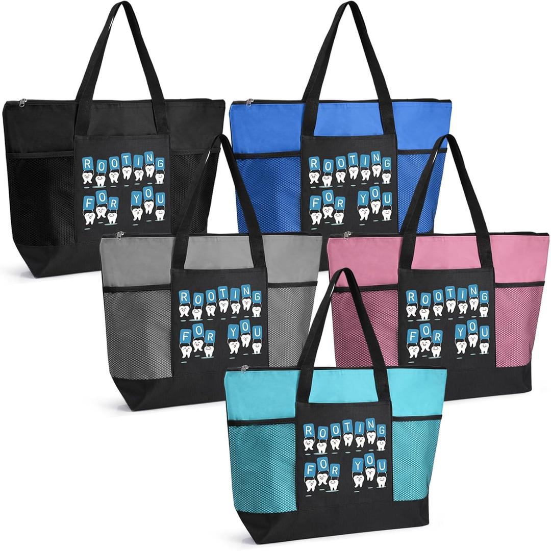 Roowest 5 Pcs Dental Hygienist Week Gifts Dental Hygiene Appreciation Tote Bags Mesh Pockets Tote Bags for Nurses Doctors(Multicolor)