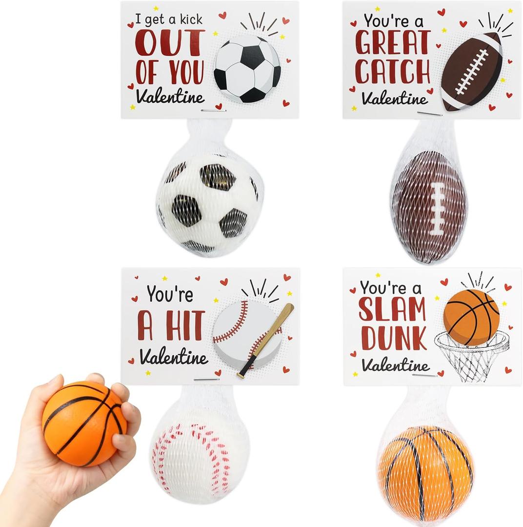 Valentines Day Gifts for Kids - 24 Pack Stress Balls with Valentines Day Cards for Kids School - Football Soccer Baseball and Basketball for Boys Girls Toddler Classroom Exchange Party Favors