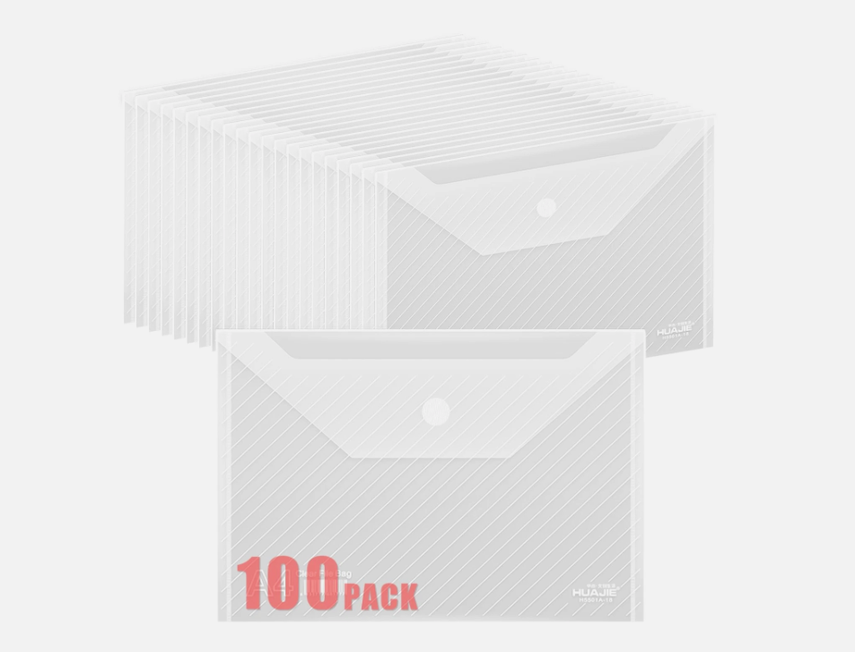 100 Pack, Plastic Envelopes – Transparent Waterproof Reusable File Folders for A4 Letter Sized Documents, Receipts, Photos & Office/School Use (100)