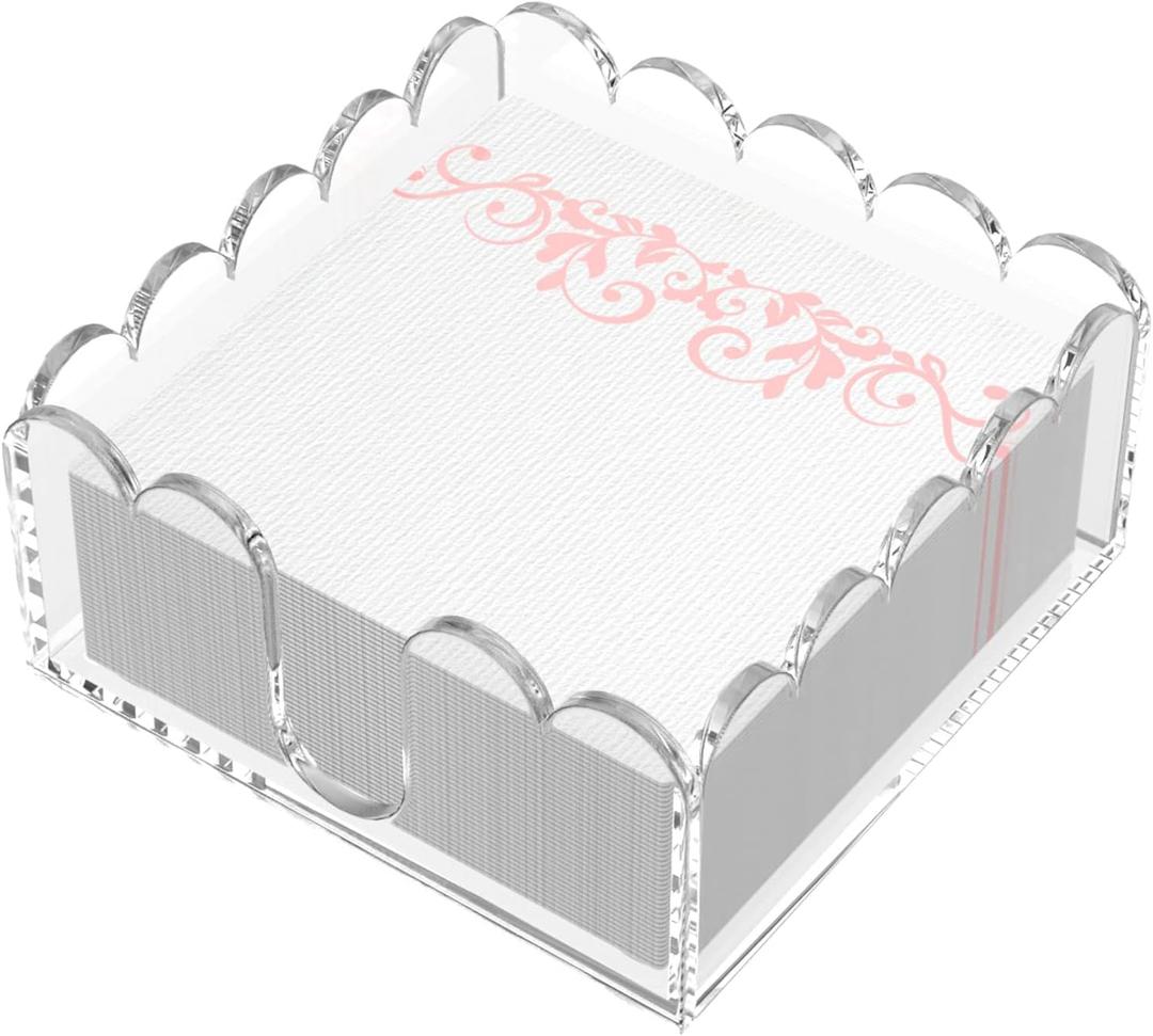 YAGELI Acrylic Napkin Holder for Cocktails  Clear Scalloped Tray and Dispenser for Kitchen, Dining, Bar  Organizes Flat Paper Towels & Disposable Napkins for Weddings, Home, Hotel (5.4x5.2in)