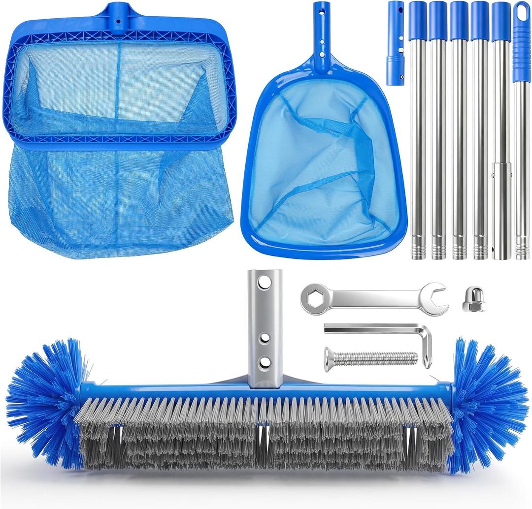 Pool Cleaning Kit with Telescopic Pole, Pool Net with Pole & Dual Skimmers Premium Pool Accessories for Inground Pools