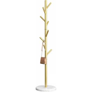Freestanding Coat Rack with Natural Marble Base, 7 Heavy-Duty Hooks, Adjustable Height for Bedroom/Office/Hallway (Gold)