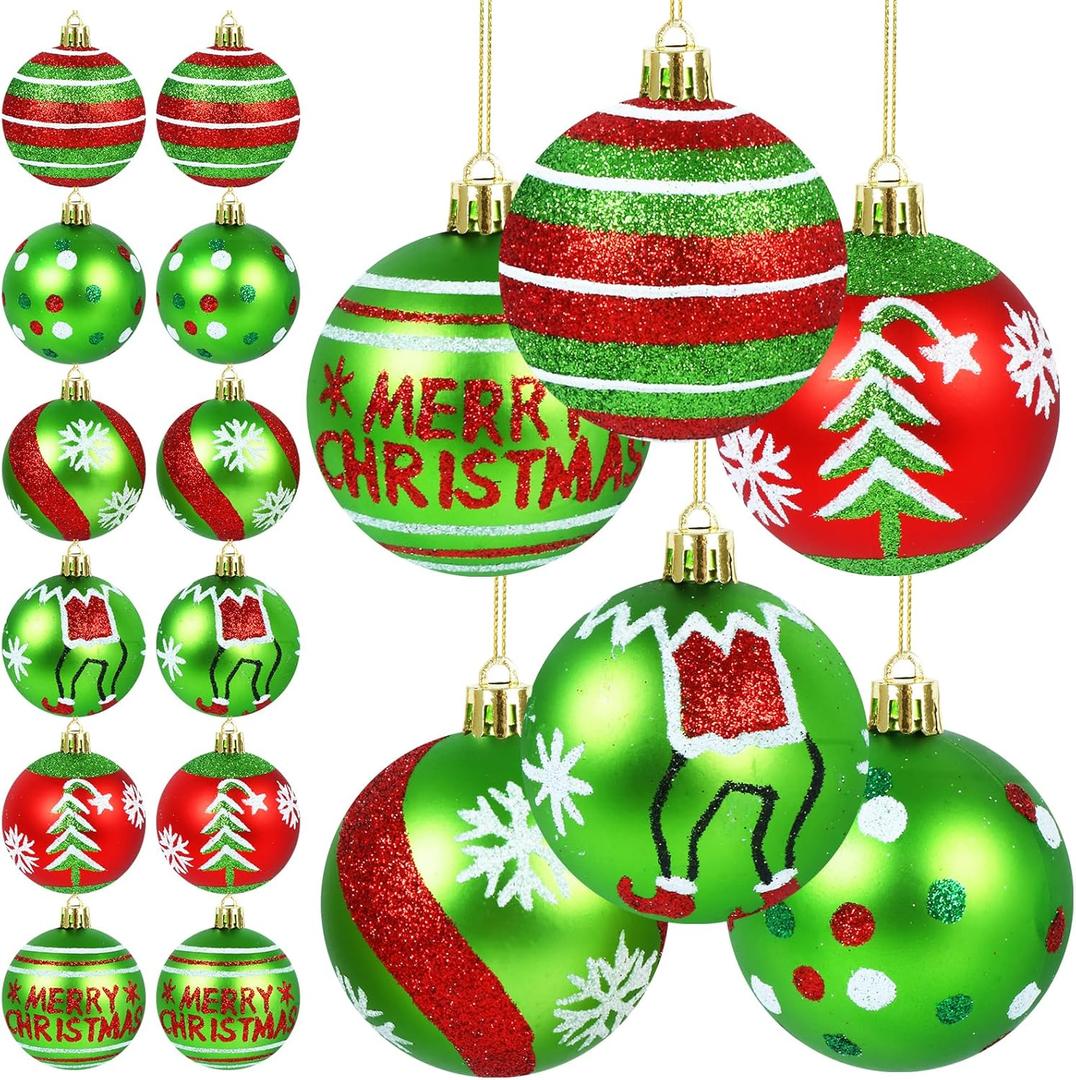 12pcs 2.4 Inch Christmas Ball Ornaments Glittering Red and Green Swirl Candy Cane Elf Balls for Christmas Tree Decorations, Plastic Hanging Pendants for Home Indoor Holiday Party Decor