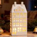 DN DECONATION Light Up Christmas Decor Village Sets, White Ceramic House with Lights, Modern Christmas Town Building Decorations, Winter Porcelain Village Xmas Decor for Tabletop Centerpiece Inside (set of 1)