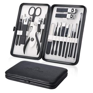 Professional Stainless Steel Nail Clipper Travel & Grooming Kit Nail Tools Manicure & Pedicure Set of 18pcs with Luxurious Case (Black/White)