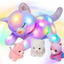 Hopearl LED Plush Cat Lighting Up Stuffed Mommy Cat with 3 Baby Kittens in her Tummy Stuffed Animal Playset Night Lights Glow in The Dark for Mom Kids Toddler Girls, Rainbow, 18''