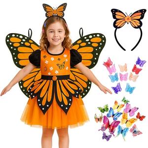 ZZIHAN Monarch Butterfly Costume for Girls 5–7 – Fairy Dress Up Outfit with Tulle Dress & Fairy Wings, Butterfly Headband & Hair Clips, Great for Halloween, School Plays or Birthday Parties, 130
