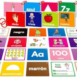 Spanish Flash Cards Toddler Bilingual Baby Cognitive Flashcards, Alphabet, Animals, Numbers, Shapes Colors, First Words, Body Parts,Emotions,Educational Toys Kindergarten Learning Activities