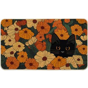 Artoid Mode Black Cat Flowers Spring Doormat, Home Summer Decor Low-Profile Switch Rug Door Mat Floor Mat for Indoor Outdoor 17x29 Inch