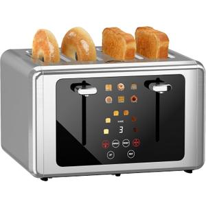 WUNLY Smart Digital 4 Slice Toaster with Touch Screen, 1.5'' Extra Wide Slots for Bagel, Digital Countdown & Sound Control, 6 Bread Types & 6 Shade Settings, Defrost/Reheat/Standby, Silver