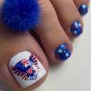 24Pcs 4th of July Press on Toenails Short Square WLGDLH Toenail Press ons Blue Glossy Fake Toe Nails Bald Eagle Stars False Toenails Full Cover Acrylic White Glue on Toenail for Women