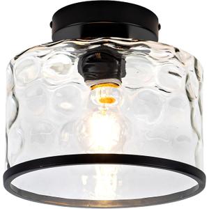 Zlepmlla Glass Ceiling Light, Black Semi Flush Mount with Hammered Glass Shade, Farmhouse Light Fixture for Hallway, Bathroom, Entryway, Kitchen, Living Room
