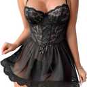 Lilosy Sexy Garter Belt Mesh Lace Babydoll Lingerie Dress Set with Thong (Black) 