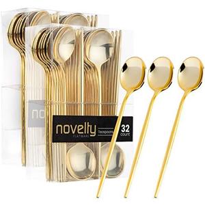 Novelty Modern Flatware, Cutlery, Disposable Plastic Teaspoons/Dessert Spoon Luxury Gold 64 Count