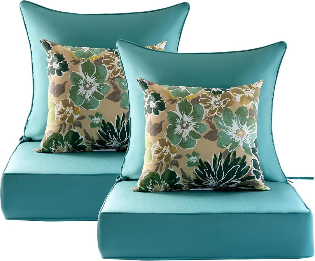 Outdoor Deep Seat Cushion Set of 2,24 x 24 Inch, Deep Seat,Back Cushion and Pillow with Removable Cover and Adjustable Straps for Chair, Sofa, and Couch