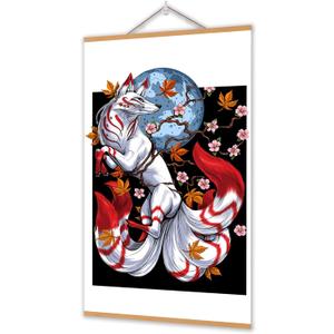 Japanese Wall Art Decor, Fox Decor, Japanese Fox And Sukura Wall Art Decorations with Scroll Wood Framed, Sushi Restaurant Decor, Modern Artwork Hanging For Living Room Bedroom, 15.7x27.5 inches