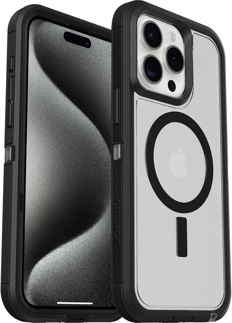 OtterBox iPhone 15 Pro MAX (Only) Defender Series XT Clear Case - DARK SIDE (Black/Clear), screenless, rugged , snaps to MagSafe, lanyard attachment (Ships in Polybag, Ideal for Business Customers)