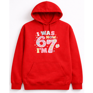 67 Hoodie Unisex with Funky 67 Print Meme Birthday Hoodie, Red, Size Medium