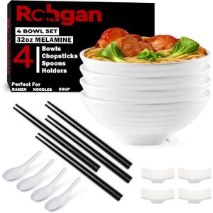 32 oz Melamine Ramen Bowl Set  Japanese Pho Bowls with Spoons, Chopsticks & Holders  20-Piece Noodle, Udon & Soup Dinnerware  Durable & Dishwasher-Safe  White