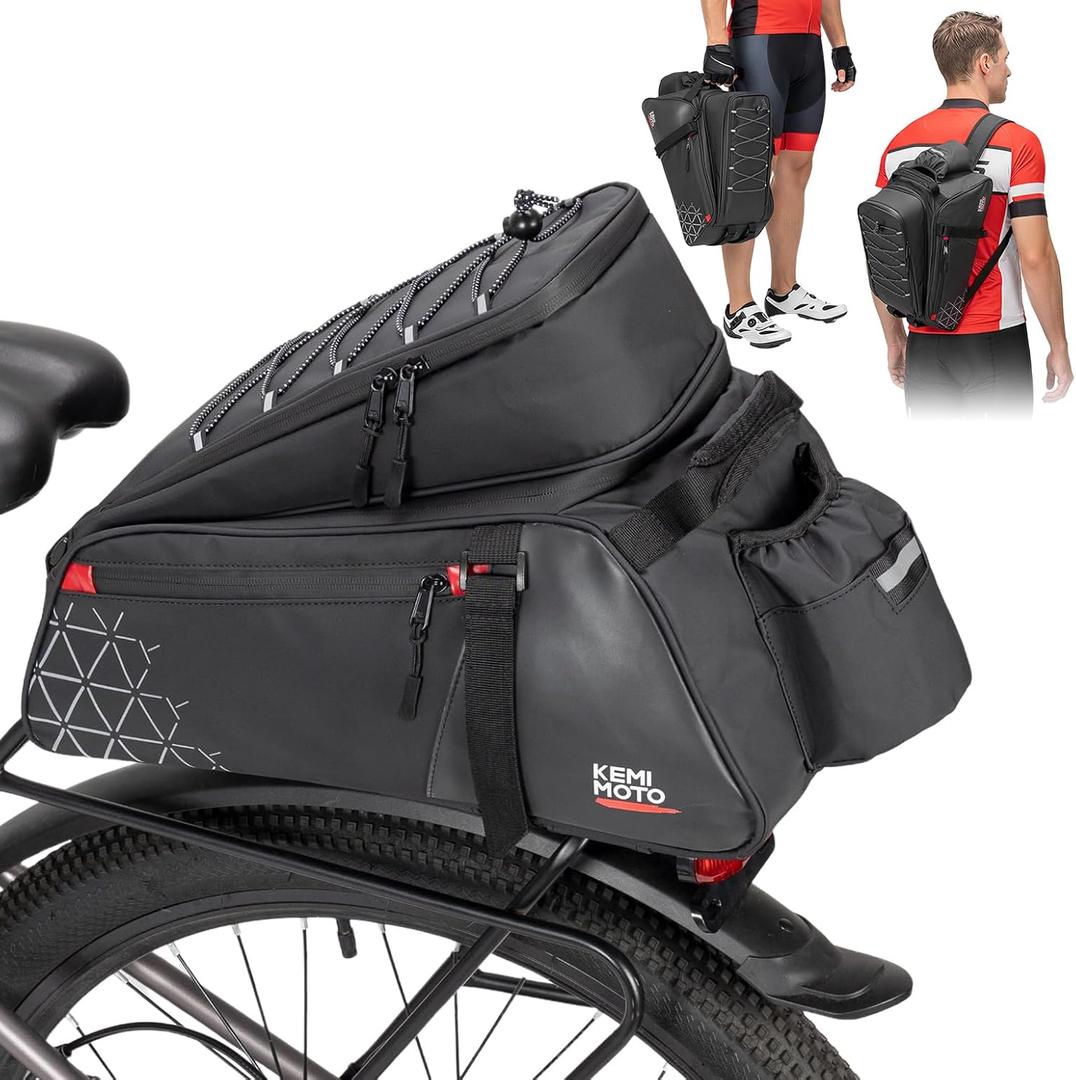 KEMIMOTO Bike Bag for Bicycle Rear Rack, 15L with Waterproof Rain Cover, Multifunctional Ebike Trunk Bag Backseat Luggage Storage Shoulder Backpack for Commuter Travel Outdoor Cycling Accessories