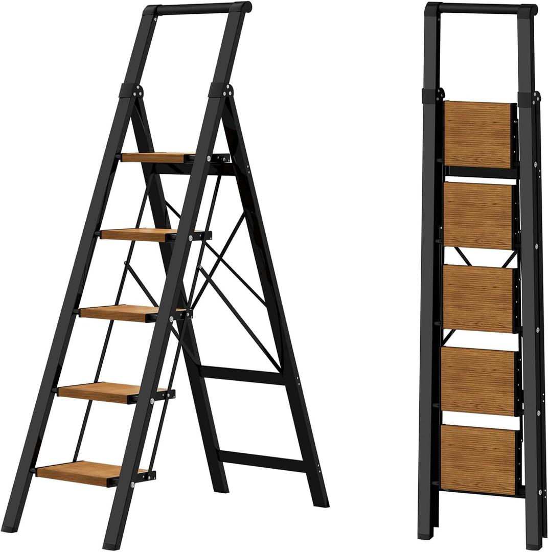 HillhutApex 5 Step Foldable Aluminum Step Ladder with Handgrip, Anti-Slip Pedal, 330 lbs Capacity, Lightweight & Portable for Home, Kitchen, Office, Garage (Black Woodgrain)