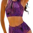 High Waisted Bikinis for Women High Neck Sporty Racerback Crop Top Swimsuit High Cut Two Piece Bathing Suit (Small, Tropical Printed)