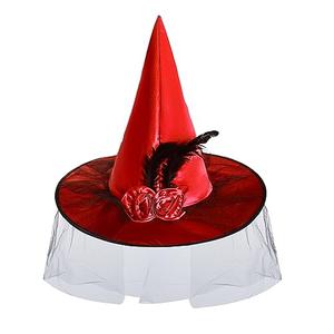 hoyuwak Red Witch Hat for Women Fancy Mesh Hat with Veil Roses Feathers Accessories for Women Girls Halloween Christams Party Masquerade Costume Dress Up Cosplay