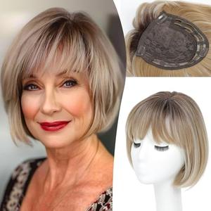 UDU Hair Topper for Women - Short Bob With Bangs, Side Part for Thinning Hair - Synthetic Wig Piece