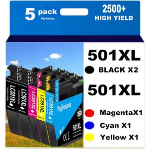 PayForLess LC501XL LC501 Ink Cartridges for Brother LC501 Ink Cartridges 501 501XL for Brother MFC-J1260DW MFC-J1360DW MFC-J1410DW Printer 5 Pack (2 Black, 1 Cyan, 1 Magenta, 1 Yellow)