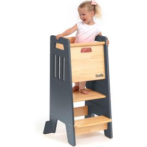 OCODILE Toddler Tower with a Sliding Door and 3 Adjustable Heights - Safe Toddler Kitchen Stool Helper with Support Feet - Updated Design for 18+ Months to 6-Year-Old Kids - Gray