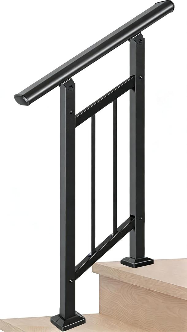 Metty Metal Handrails for Outdoor Steps,1-2 Step Stair Handrail & Indoor Stair Railing KitBlack Railings for Outdoor Steps and Hand Rails for Seniors for Porch(2 Step -Black)
