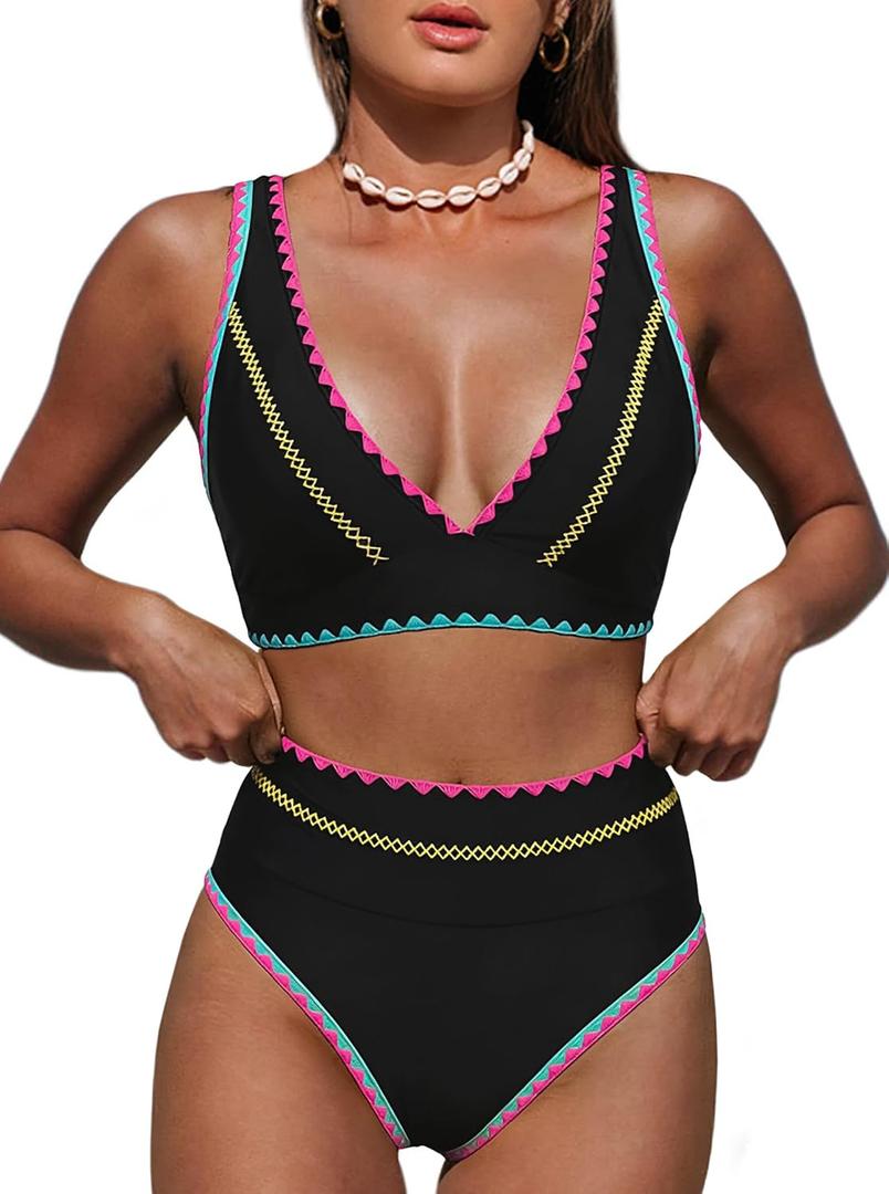 Hilinker Women's Leopard Bikini Swimsuits V Neck High Waisted 2 Piece Bathing Suits (Medium, Black Geometric)