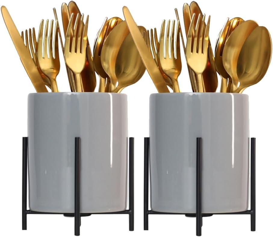 Caddy Flatware Caddy Holder Grey Ceramic with metal round frame Store Utensils, Silverware Organize kitchen Countertops and Dining tables(2 pieces 3.14 * 4.6 inch)