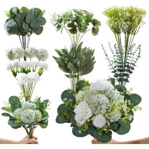 80 Pcs Artificial Greenery Stems Bulk 8 Kinds Faux Eucalyptus Leaves & Flowers Set for DIY Wedding Bouquets, Vase Arrangements, Home Decor