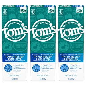 Tom's of Maine Fluoride-Free Rapid Relief Sensitive Toothpaste, Fresh Mint, 4 oz. 3-Pack 
