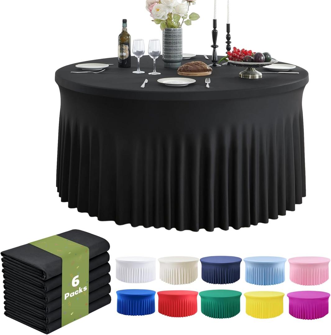 Outpain 6 Pack Black Round Spandex Tablecloth for 60 Inch/5FT Tables - Stretchy Table Cloth with Skirt, Wrinkle-Free Fitted Cloth for Wedding Vendor, Banquet & Graduation Decor (120" Round) (60inch(6Pack), Black)