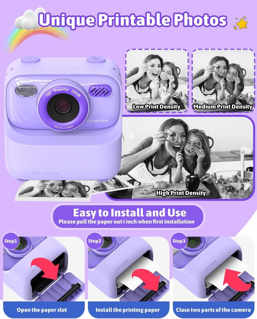 Mgaolo Kids Camera Instant Print Photo,Children Digital Camera Toys Gift with HD Video for Girls Boys 3-12 Age,Chritmas Birthday Festival Present for 3 4 5 6 7 8 9 Year Old Child (Purple)