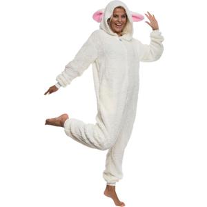 Funziez! Slim Fit Sherpa Adult Onesie - Animal Halloween Costume - Plush One Piece Cosplay Suit for Women and Men (Medium, Lamb)