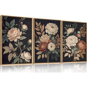 HOURIA Large Moody Dark Flower Framed Canvas Wall Art,Retro Beige Red Peony Wall Decor,Vintage Textured Blossom Botanical Artwork,Natural Wildflower Art Print for Living Room,Bedroom,Office-16 x24 x3