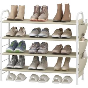 SUOERNUO Shoe Rack Storage Organizer 4 Tier Free Standing Metal Shoe Shelf Compact Shoe Organizer with Side Bag for Entryway Closet Bedroom,Beige