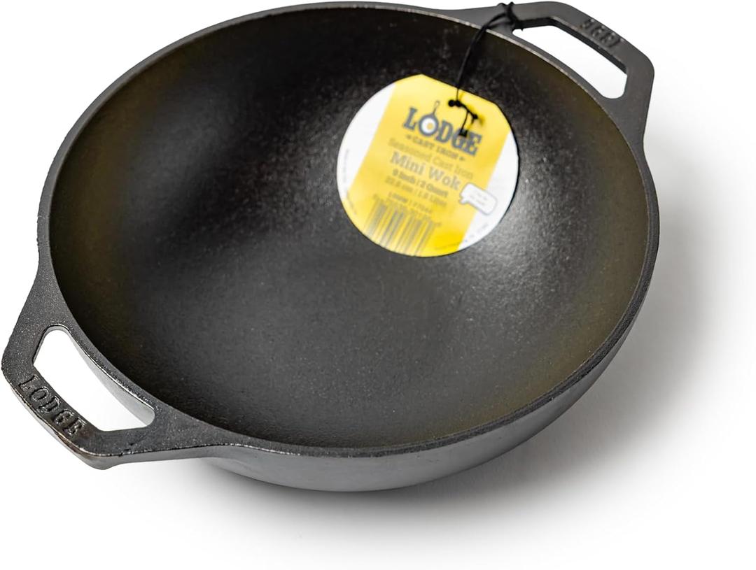 Lodge 9 Inch Cast Iron Mini Wok with Dual Loop Handles  PFAS FREE Pre-Seasoned Small Stir Fry Pan  Stovetop & Oven Safe Heavy Duty High-Heat Retention Pan  Made in USA