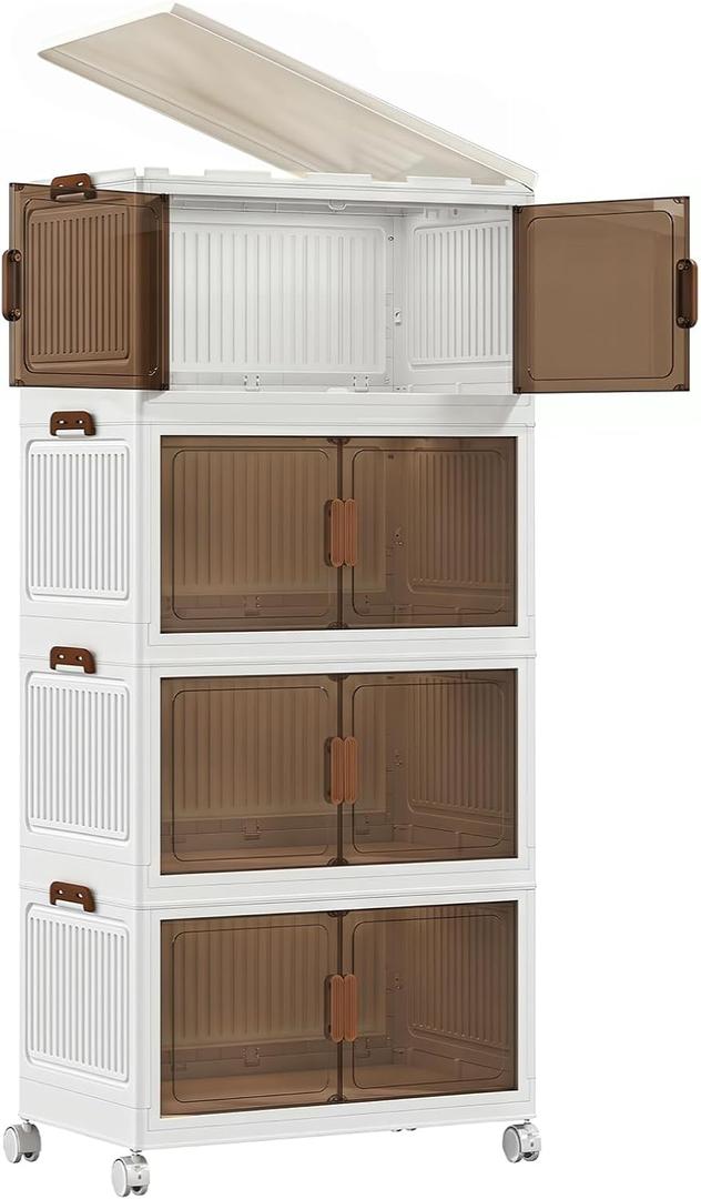 4 Tier Stackable Storage Bins with Lids, 96QT Large Capacity Storage Cabinet (24QT Per Tier), Foldable Closet Organizer with Wheels and Front Opening Doors for Clothes, Toys, Pantry, Bedroom