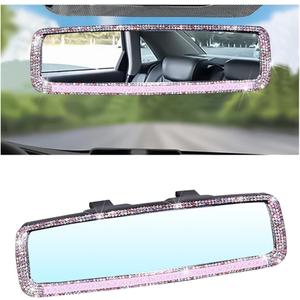 Bling Car Rearview Mirror, Decorations Rear View Mirror with Crystal Rhinestones & Diamonds, Car Interior Trim Accessories, Clip-on & HD Glass, Sparkly Gift (Pink)