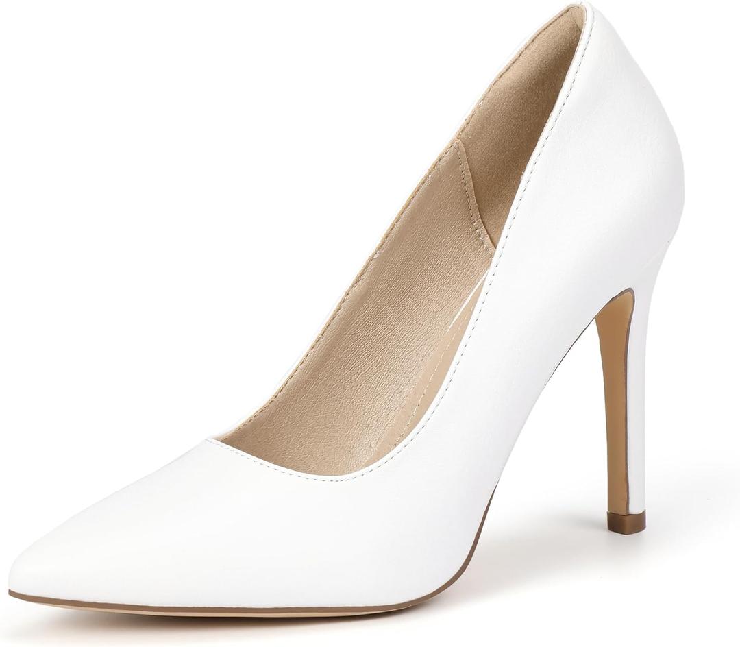IDIFU IN4 Women's Pumps High Heels Closed Toe Stiletto Pointed Toe Dress Shoes Wedding Prom Bridal Daily Work Office Business Trendy Fashion Sexy Comfortable Pumps Dressy Shoes (11, 4 Inch White)